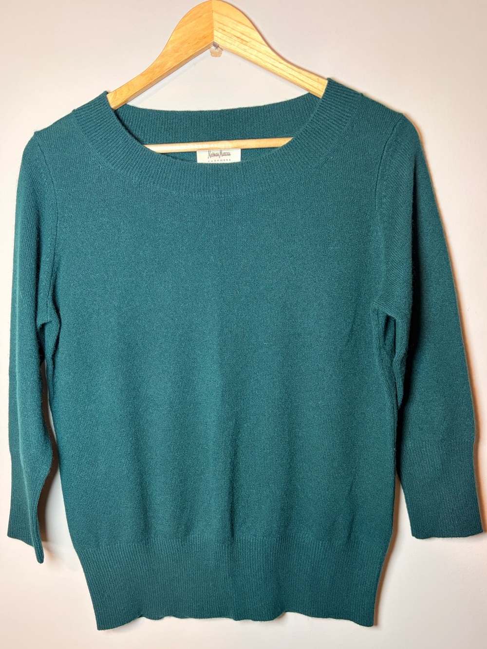 Neiman Marcus 100% Cashmere Forest Green Sweater Large 3/4 Sleeve